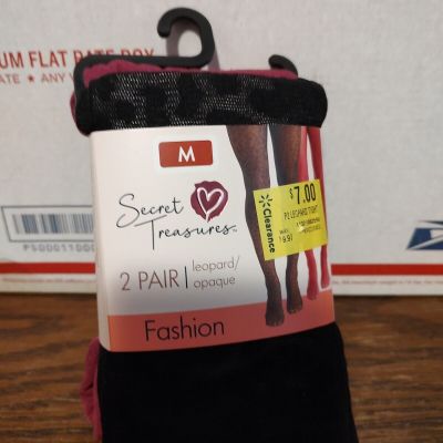 Secret Treasures Women's Wine Red Opaque & Black Leopard 2 Pack Tights Size M